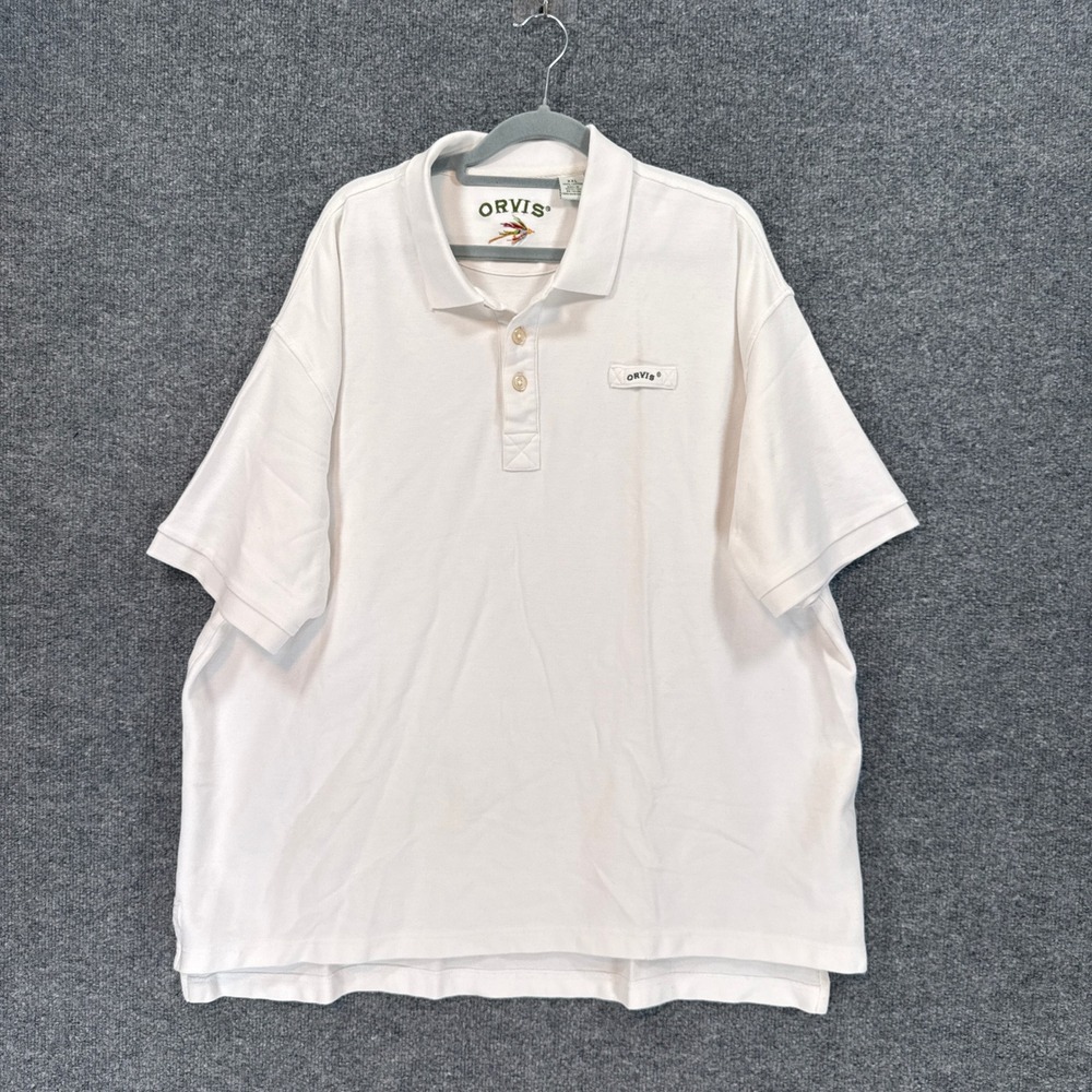 Orvis Polo Shirt Mens XXL White Cotton Pique Fly Fishing Logo Short Sleeve